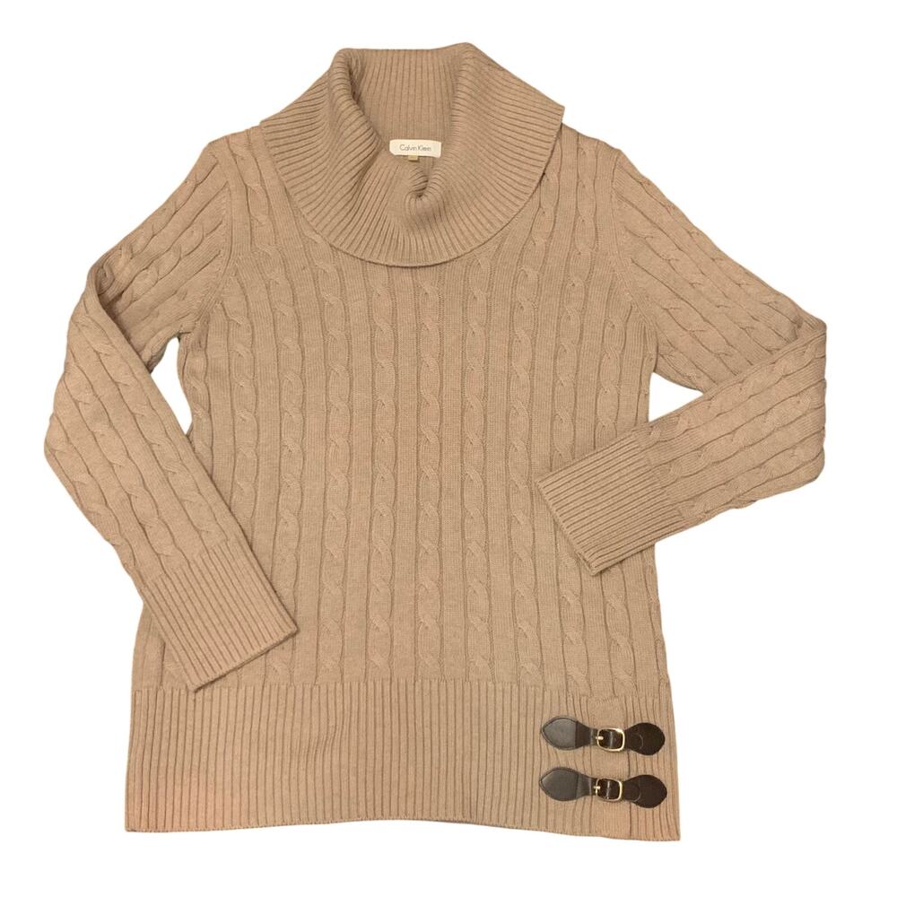 Calvin Klein Womens Long Sweater Large Camel Tan Cowl Neck Cable Knit 2 Buckles